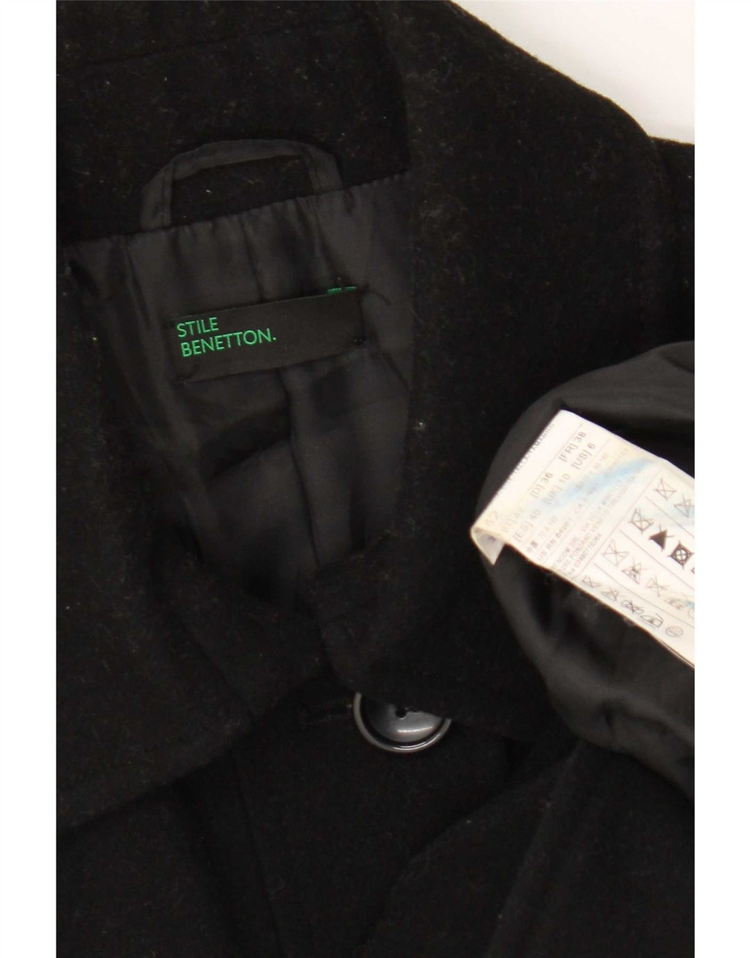 Benetton Womens Overcoat UK 10 Small Black Wool