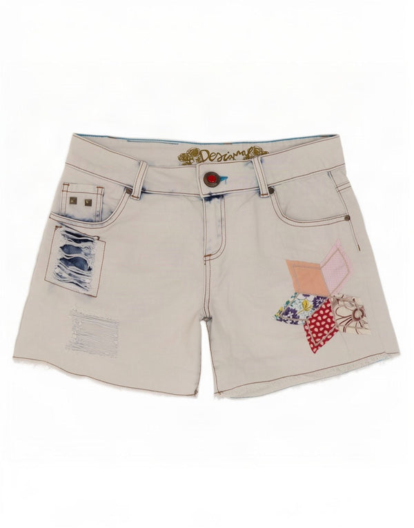 Desigual Womens Distressed Denim Shorts W28 Medium Blue Patchwork Cotton