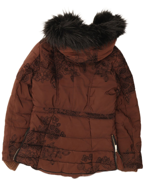 Desigual Womens Hooded Oversized Padded Jacket EU 36 Small Brown Floral