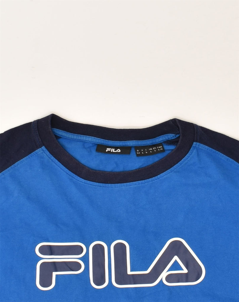 FILA Mens Graphic T-Shirt Top Large Blue Colourblock Cotton | Vintage Fila | Thrift | Second-Hand Fila | Used Clothing | Messina Hembry 