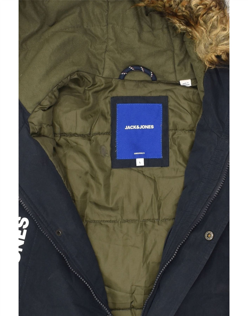 JACK & JONES Mens Graphic Hooded Parka Jacket UK 40 Large Navy Blue | Vintage Jack & Jones | Thrift | Second-Hand Jack & Jones | Used Clothing | Messina Hembry 