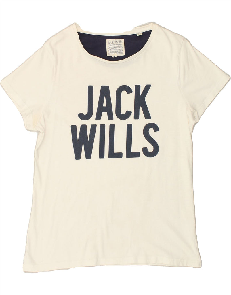 JACK WILLS Womens Graphic T-Shirt Top UK 14 Medium Off White Cotton | Vintage Jack Wills | Thrift | Second-Hand Jack Wills | Used Clothing | Messina Hembry 