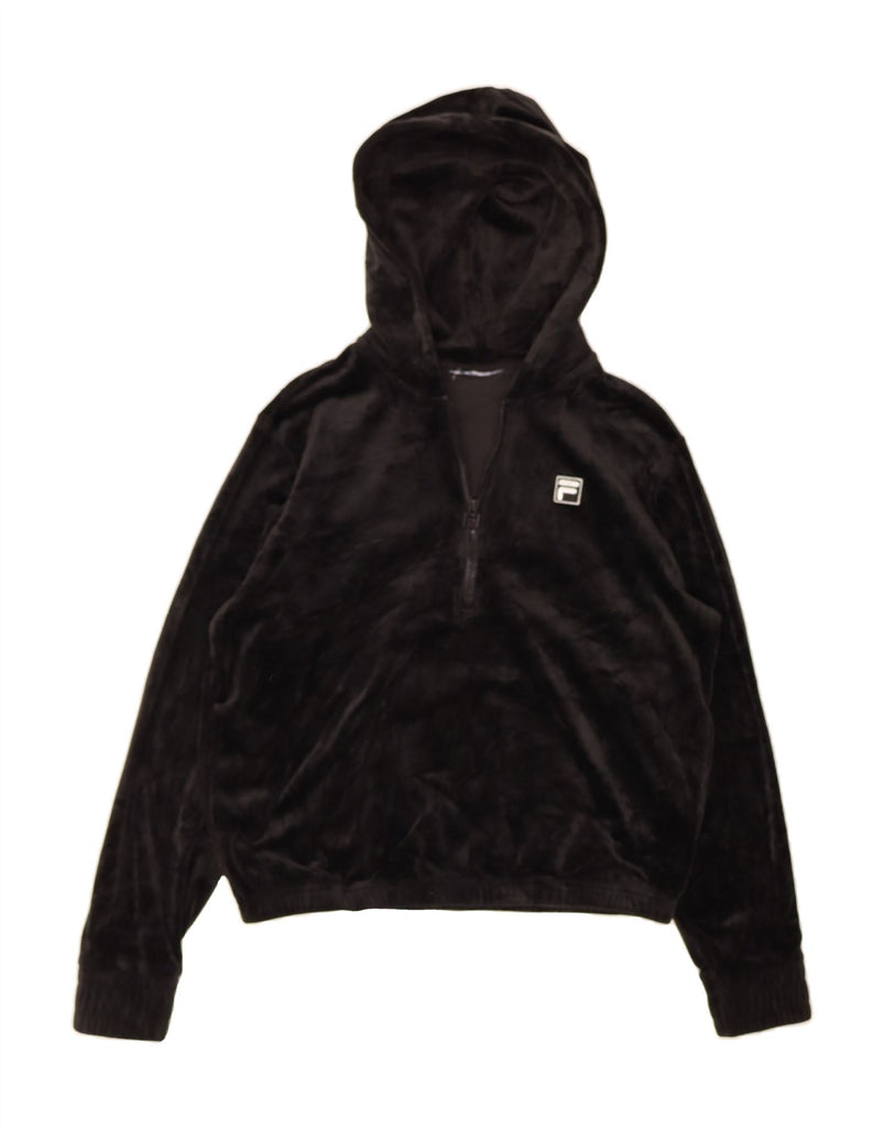 FILA Womens Velour Hoodie Jumper UK 12 Medium Black Polyester Vintage Fila and Second-Hand Fila from Messina Hembry 