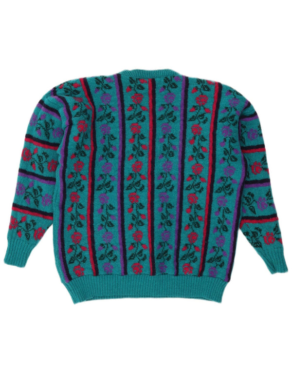 VINTAGE Womens Crew Neck Jumper Sweater UK 16 Large Turquoise Floral Wool