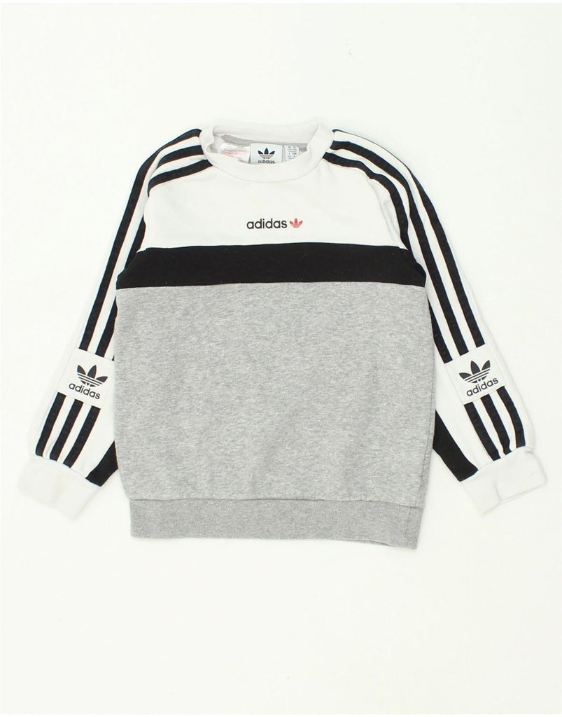 ADIDAS Boys Graphic Sweatshirt Jumper 5-6 Years Grey Colourblock Cotton | Vintage Adidas | Thrift | Second-Hand Adidas | Used Clothing | Messina Hembry 