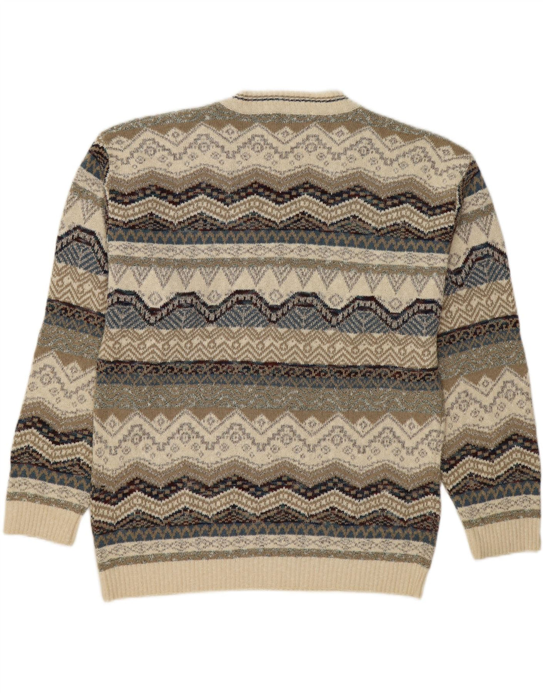 MALAGRIDA Mens V-Neck Jumper Sweater Large Off White Striped Cotton Vintage Malagrida and Second-Hand Malagrida from Messina Hembry 