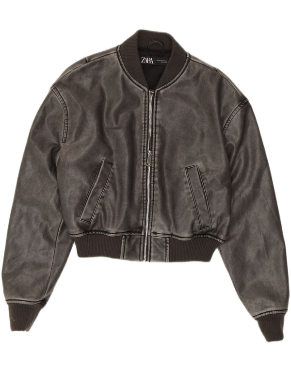 Zara Womens Oversized Faux Leather Bomber Jacket UK 6 XS Grey Polyurethane