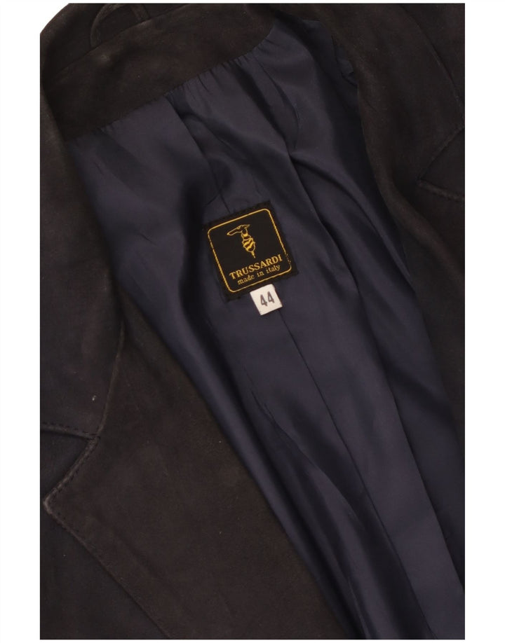 Trussardi Womens 2 Button Suede Blazer Jacket IT 44 Medium Navy Blue