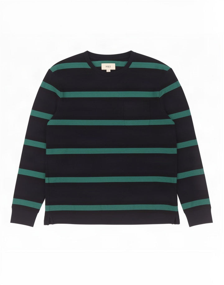 Marks & Spencer Mens Top Long Sleeve Large Navy Blue Striped Cotton