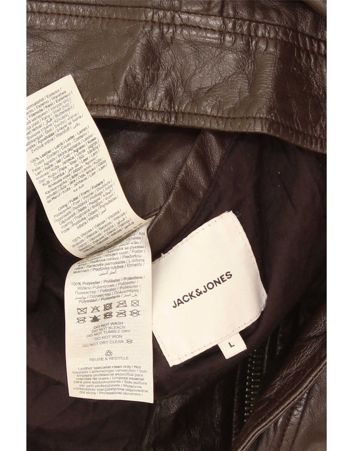 Jack & Jones Mens Leather Jacket UK 40 Large Brown