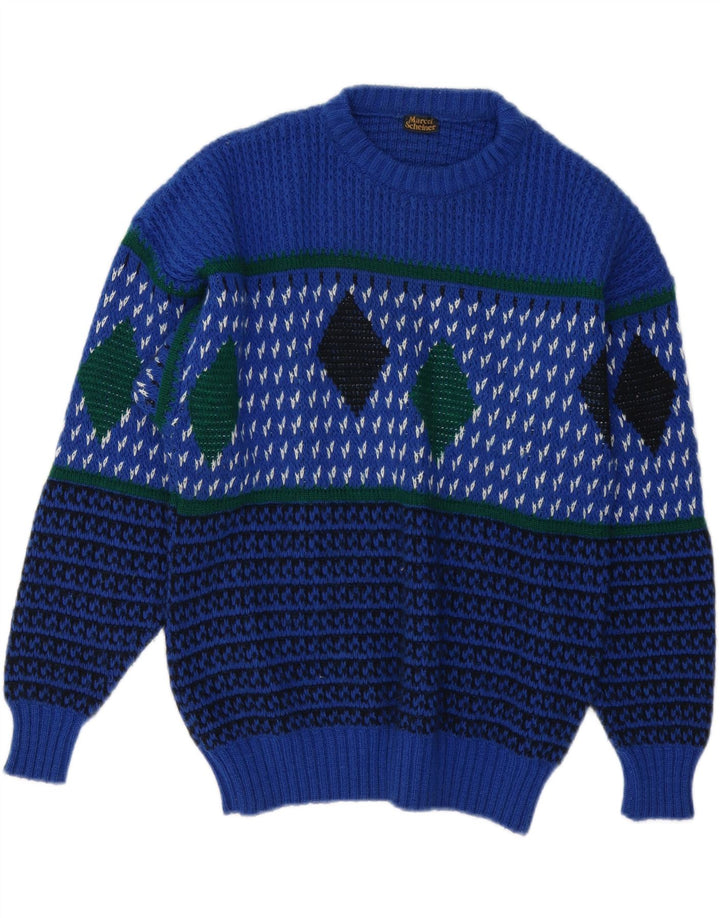 Vintage Mens Crew Neck Jumper Sweater IT 48 Medium Blue Argyle/Diamond