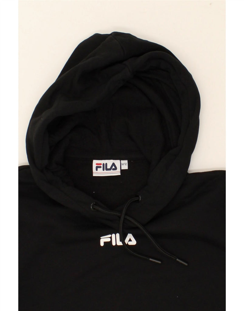 FILA Womens Graphic Crop Hoodie Jumper UK 12 Medium Black Cotton | Vintage Fila | Thrift | Second-Hand Fila | Used Clothing | Messina Hembry 