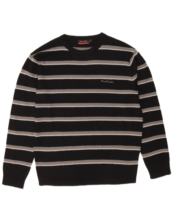 Pierre Cardin Mens Crew Neck Jumper Sweater Large Black Striped Acrylic