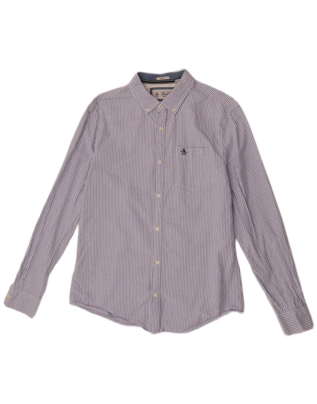Penguin Mens Slim Fit Shirt Large Blue Pinstripe Cotton