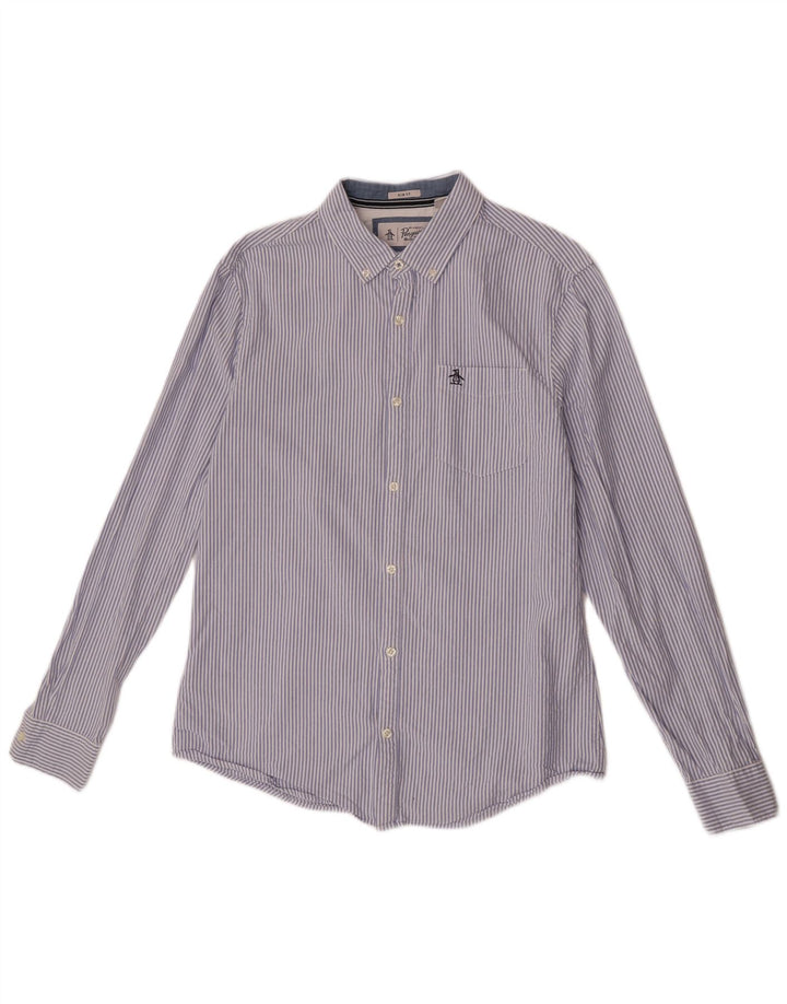 Penguin Mens Slim Fit Shirt Large Blue Pinstripe Cotton