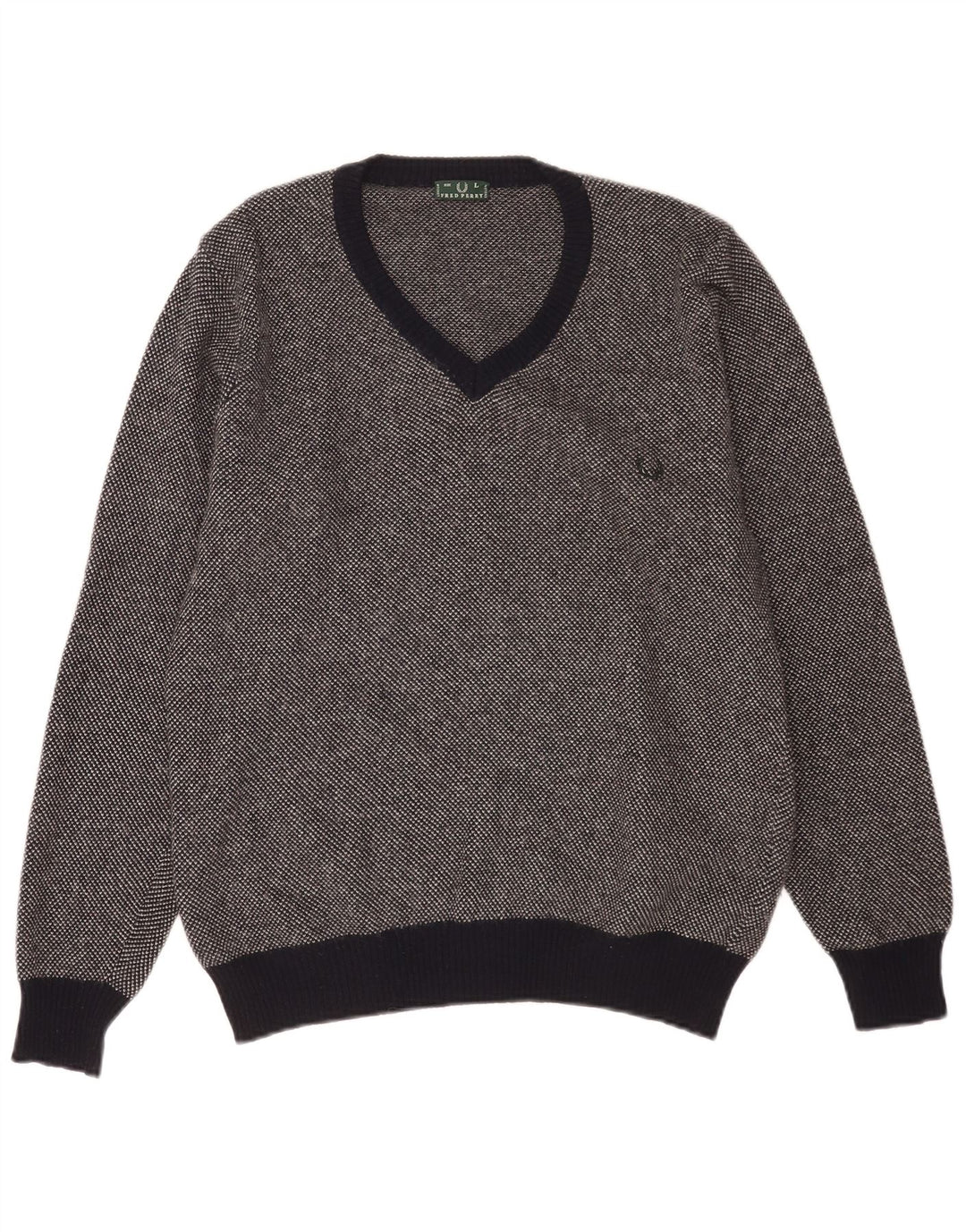Fred Perry Mens V-Neck Jumper Sweater Large Navy Blue Spotted Wool