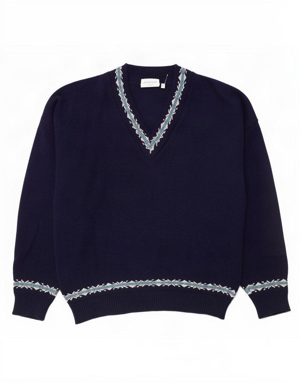 Bentley Womens V-Neck Jumper Sweater UK 16 Large Navy Blue Fair Isle