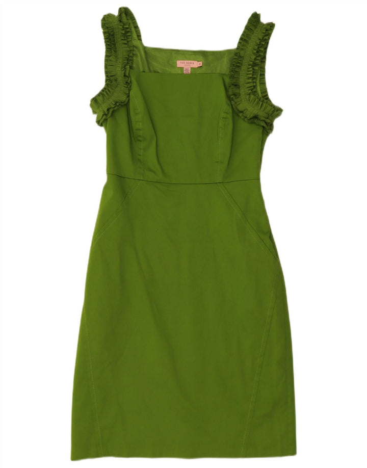 Ted Baker Womens Ruffle Sleeveless Sheath Dress Size 3 Medium Green Cotton