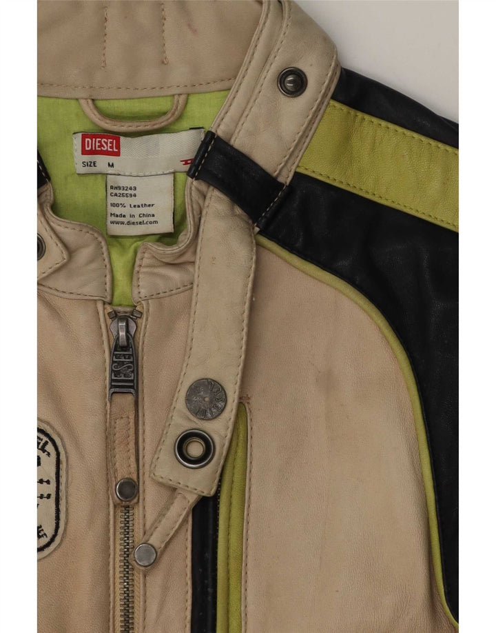 Diesel Boys Leather Racer Jacket 10-11 Years Medium Beige Colourblock