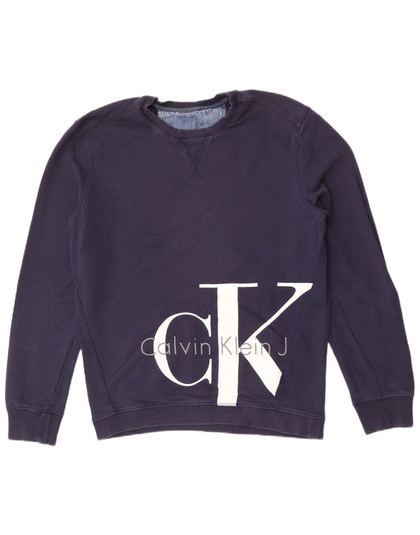 Calvin Klein Womens Graphic Sweatshirt Jumper UK 16 Large Navy Blue Cotton