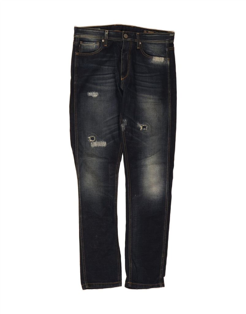 JACK & JONES Mens Distressed Slim Jeans W32 L34 Navy Blue Cotton Vintage Jack & Jones and Second-Hand Jack & Jones from Messina Hembry 