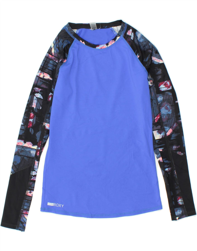ROXY Womens Graphic Top Long Sleeve UK 12 Medium Blue Colourblock Vintage Roxy and Second-Hand Roxy from Messina Hembry 