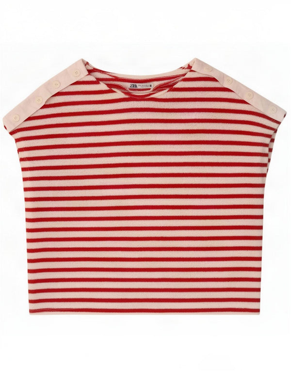 Zara Womens Crop T-Shirt Top UK 14 Medium Red Striped Polyester