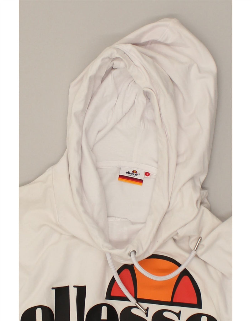 ELLESSE Womens Crop Graphic Hoodie Jumper UK 16 Large White Cotton | Vintage Ellesse | Thrift | Second-Hand Ellesse | Used Clothing | Messina Hembry 