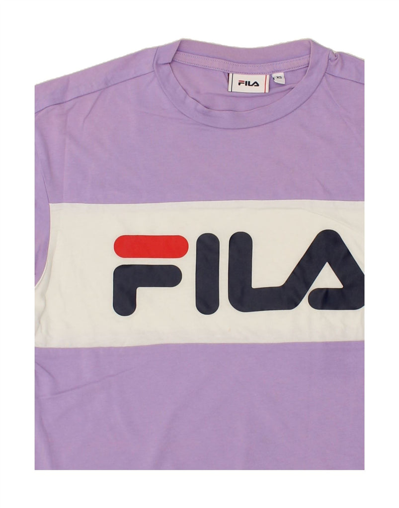 FILA Womens Loose Fit Crop Graphic T-Shirt Top UK 6 XS Purple Colourblock Vintage Fila and Second-Hand Fila from Messina Hembry 