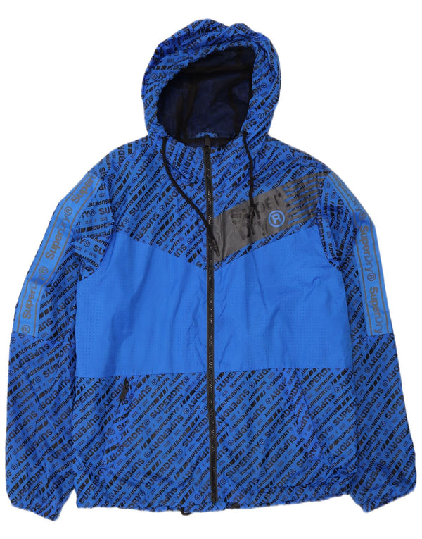 Superdry Mens Graphic Hooded Rain Jacket UK 42 XL Blue Polyester