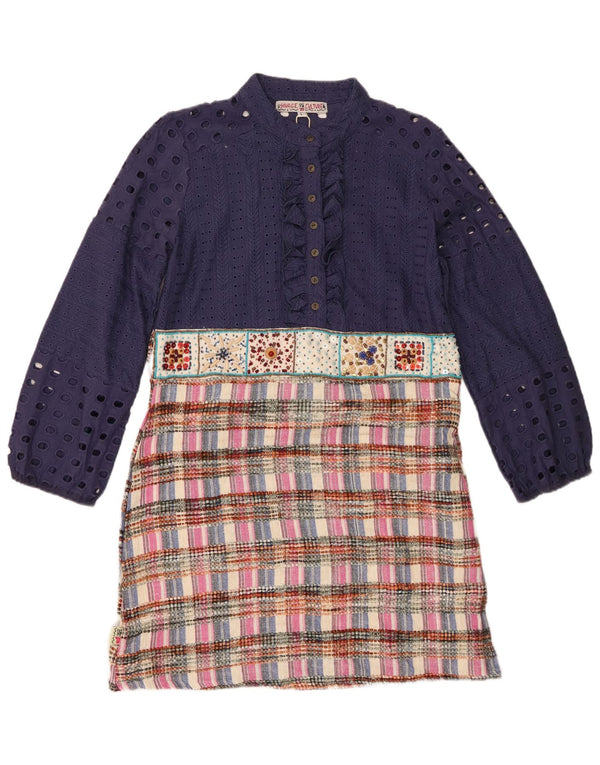Vintage Womens Ruffle Front Shift Dress UK 14 Large Navy Blue Patchwork