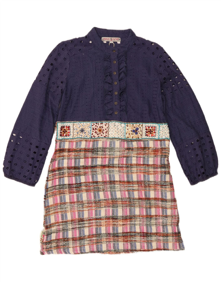 Vintage Womens Ruffle Front Shift Dress UK 14 Large Navy Blue Patchwork