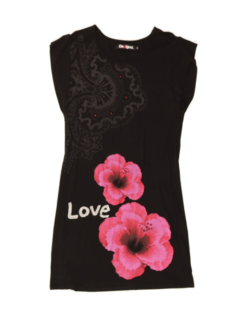 DESIGUAL Womens Graphic T-Shirt Dress UK 12 Medium Black Floral Viscose Vintage Desigual and Second-Hand Desigual from Messina Hembry 