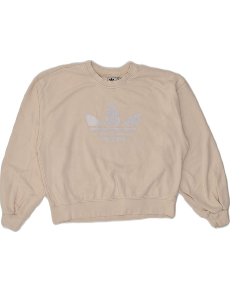 ADIDAS Womens Oversized Graphic Sweatshirt Jumper UK 10 Small Beige Cotton | Vintage Adidas | Thrift | Second-Hand Adidas | Used Clothing | Messina Hembry 