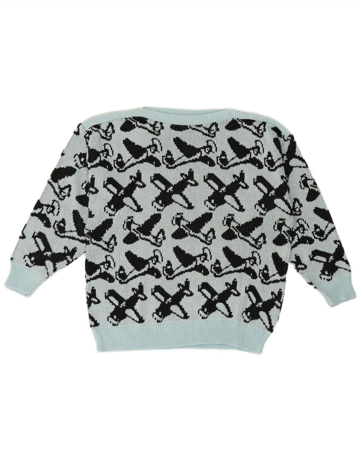 Vintage Womens Abstract Pattern Boat Neck Jumper Sweater EU 40 Medium Blue