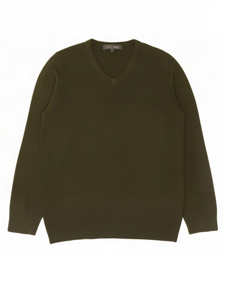Marks & Spencer Mens V-Neck Jumper Sweater Small Khaki Acrylic