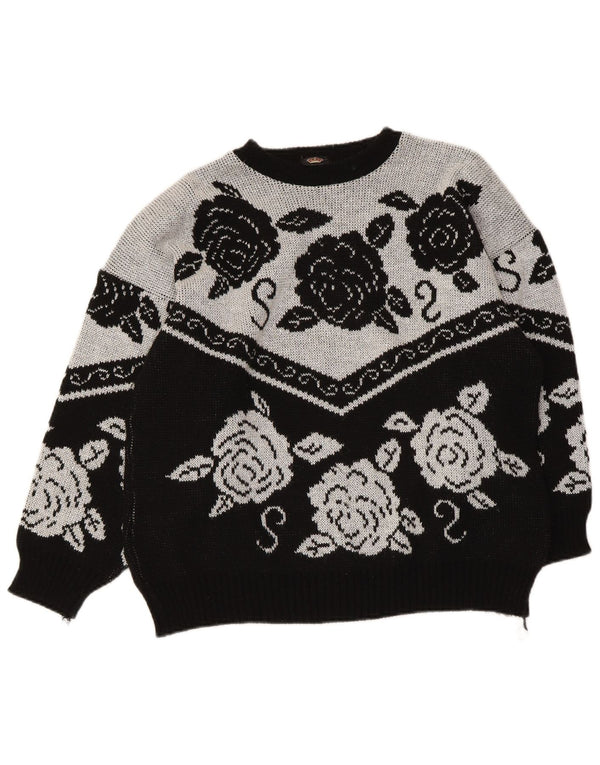Vintage Womens Graphic Boat Neck Jumper Sweater UK 14 Medium Black Floral