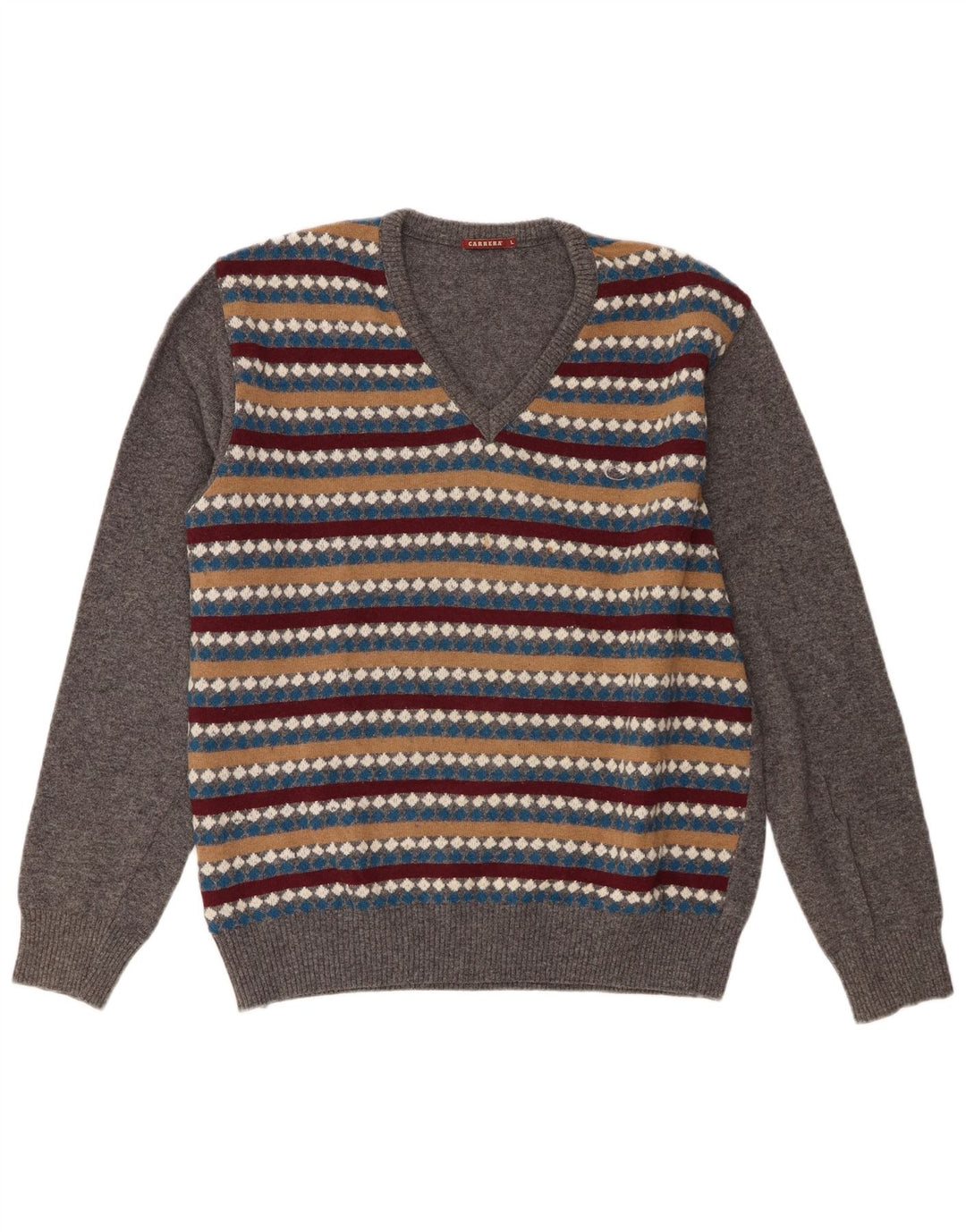 Carrera Mens V-Neck Jumper Sweater Large Grey Striped Wool