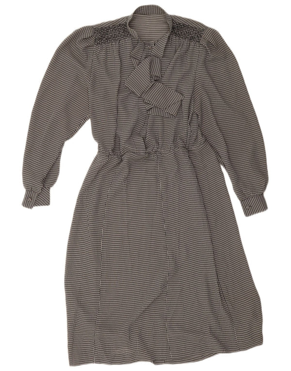 Vintage Womens Front Tie Long Sleeve A-Line Dress UK 14 Large Black Gingham
