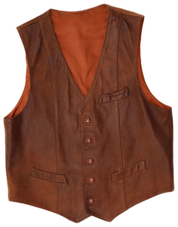 VINTAGE Mens Leather Waistcoat IT 56 2XL Brown