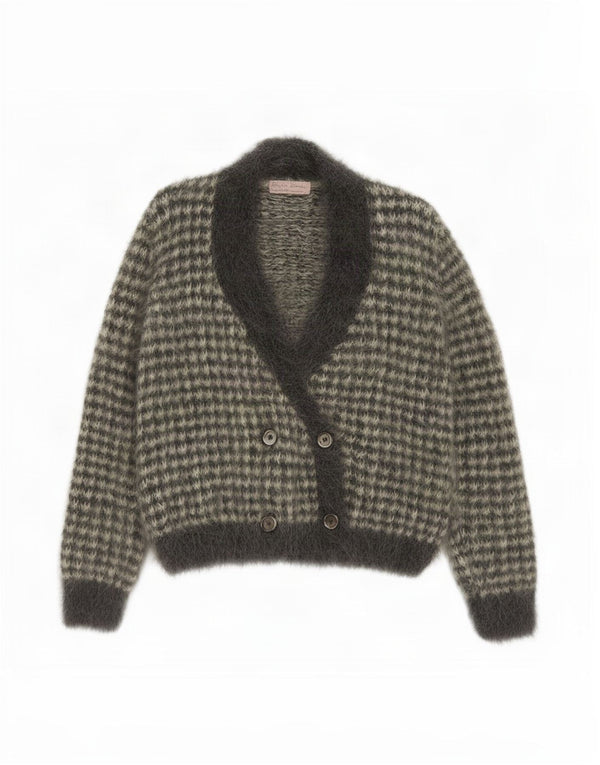 Vintage Womens Cardigan Sweater UK 12 Medium Grey Houndstooth Mohair