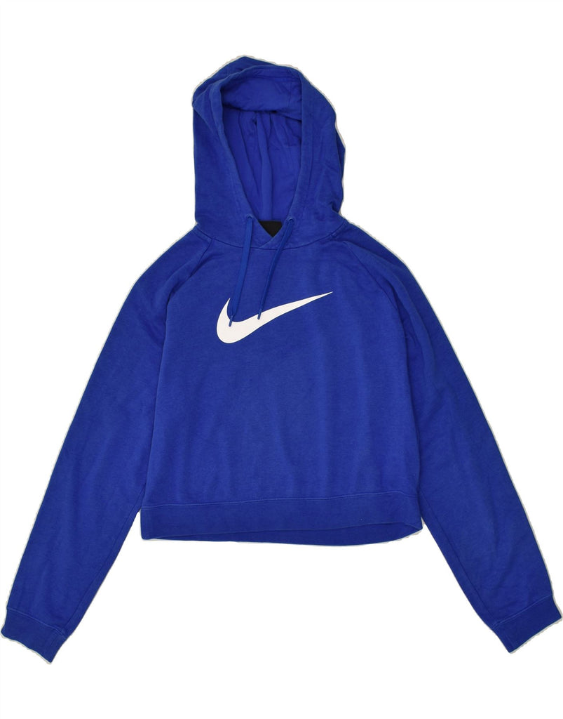 NIKE Womens Crop Graphic Hoodie Jumper UK 14 Medium Blue Cotton | Vintage Nike | Thrift | Second-Hand Nike | Used Clothing | Messina Hembry 