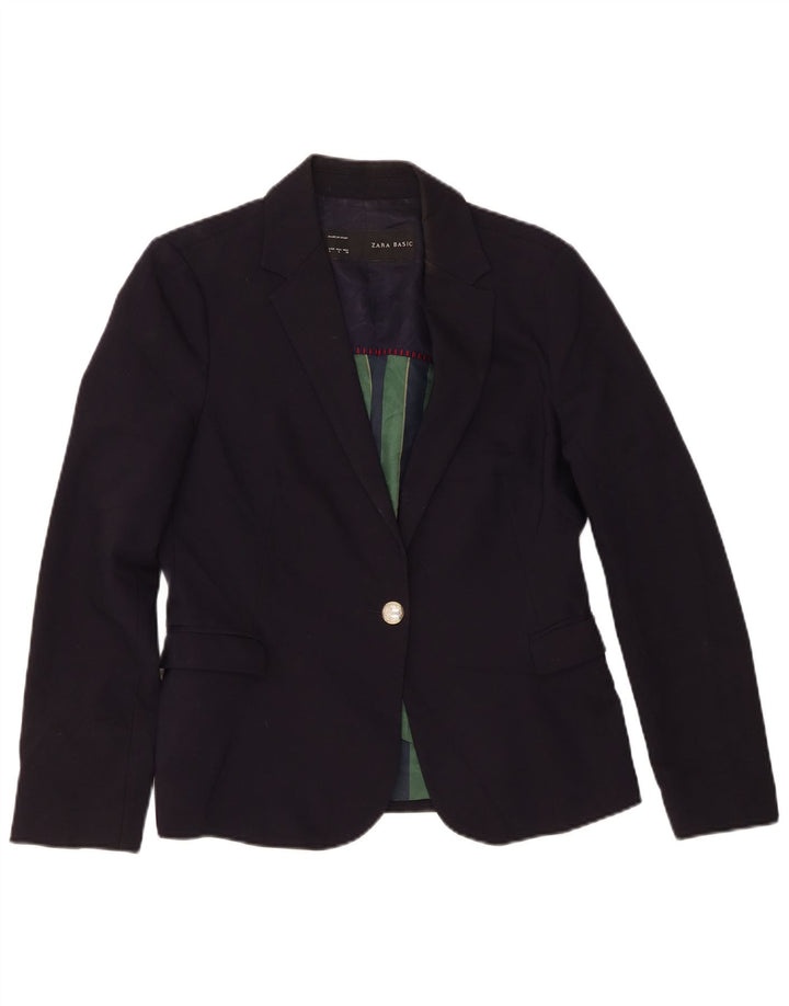 Zara Womens 1 Button Blazer Jacket UK 14 Large Navy Blue Polyester