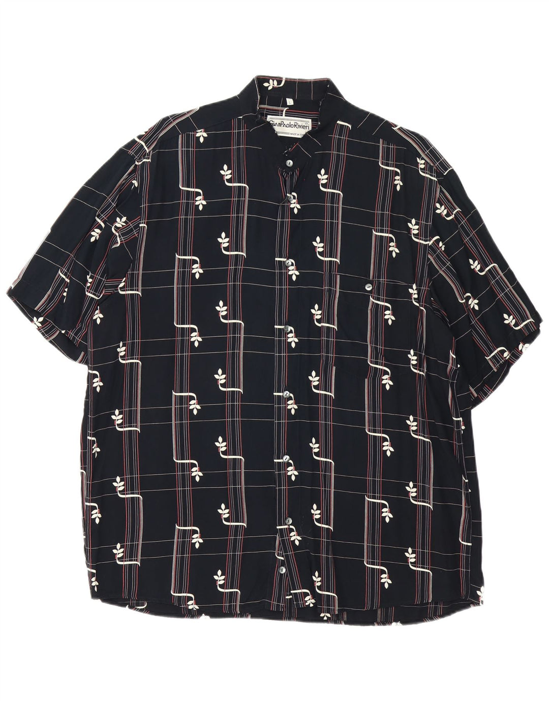 Vintage Mens Short Sleeve Shirt Large Black Geometric Viscose
