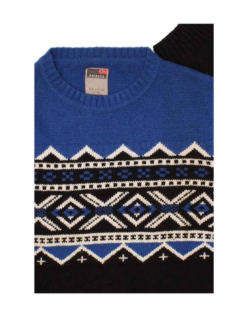 WATSONS Mens Crew Neck Jumper Sweater XL Blue Fair Isle Polyacrylic | Vintage Watsons | Thrift | Second-Hand Watsons | Used Clothing | Messina Hembry 