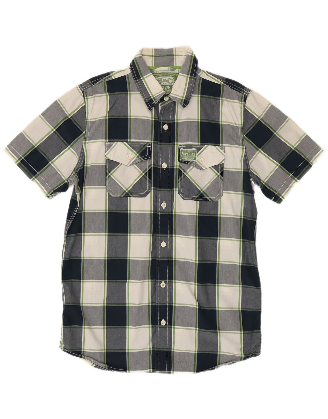 Superdry Mens Short Sleeve Shirt Large Navy Blue Check Cotton