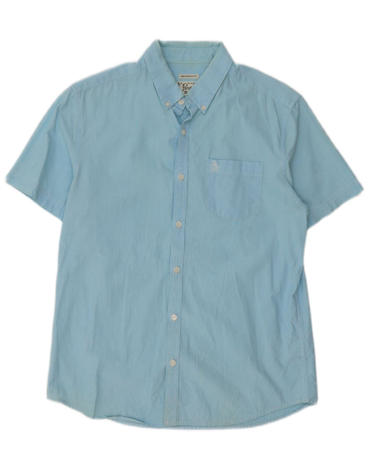 Penguin Mens Heritage Short Sleeve Slim Fit Shirt Medium Blue Pinstripe
