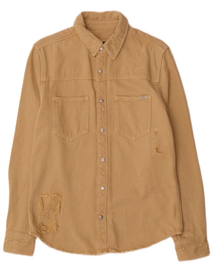 Zara Mens Distressed Relaxed Fit Denim Shirt Small Beige Cotton