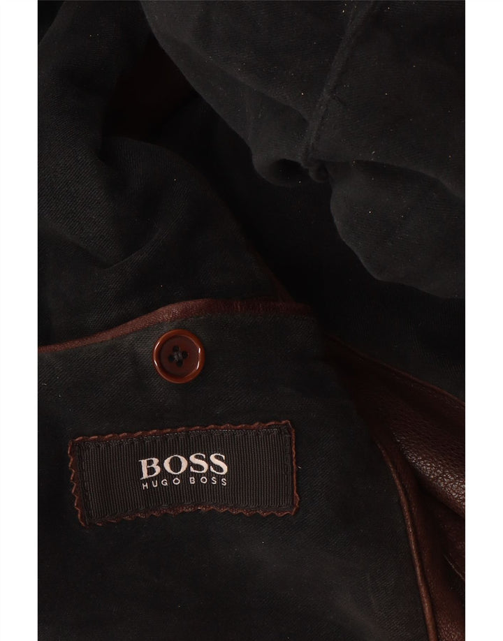Hugo Boss Mens Leather Jacket UK 40 Large Brown Leather