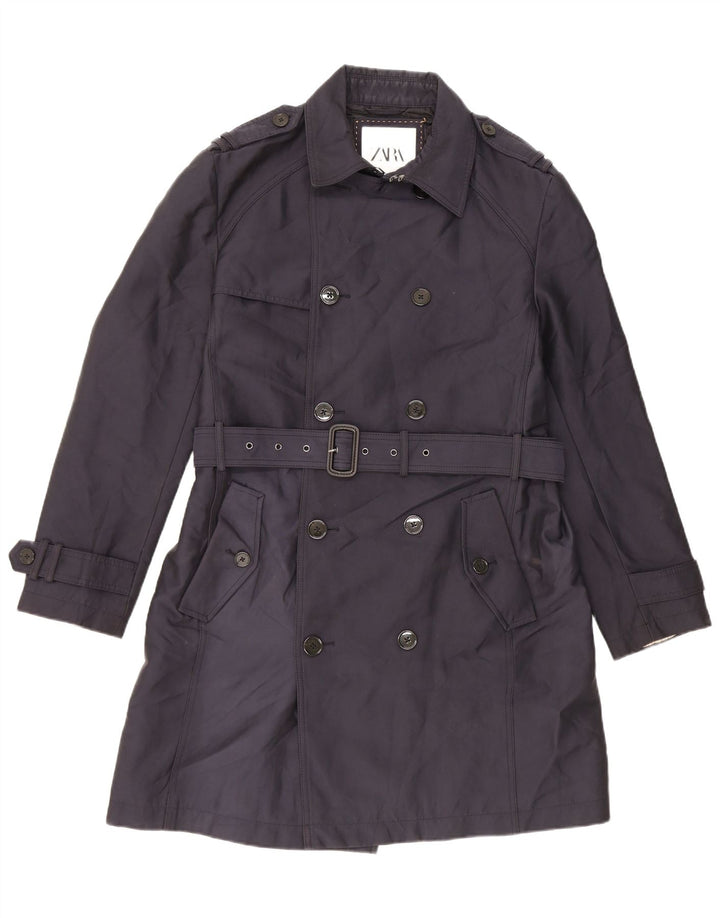 Zara Mens Trench Coat UK 40 Large Navy Blue Polyester